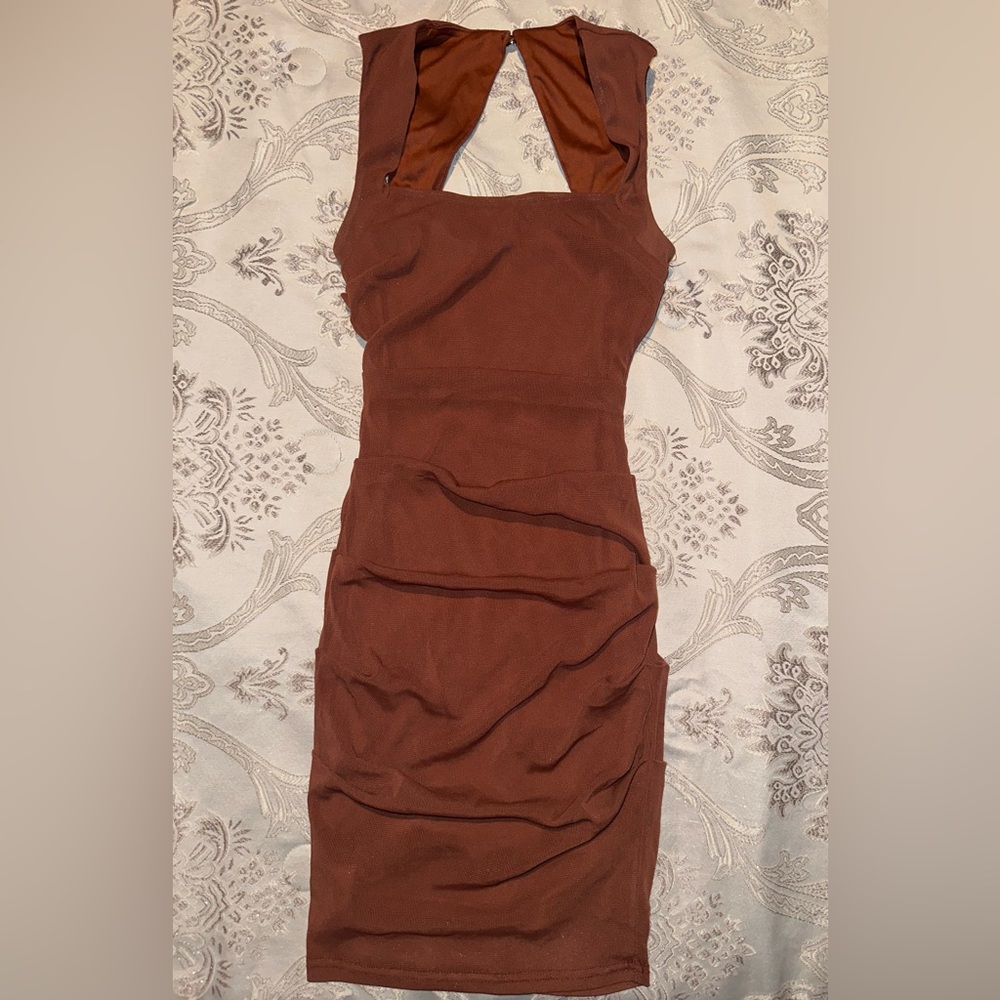 FASHION NOVA X-Small Square Neck Ruched Mesh Bodycon Dress in Brown